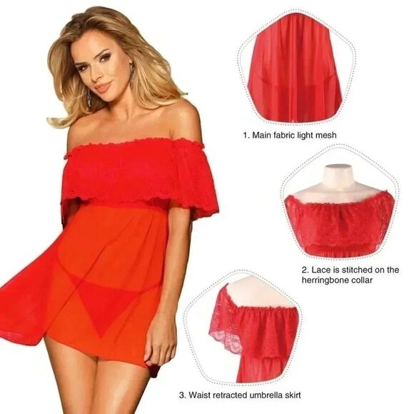🆕 S-XL; Red Babydoll Night Dress Slip Off The Shoulder Lingerie with Ruffles - Picture 4 of 8
